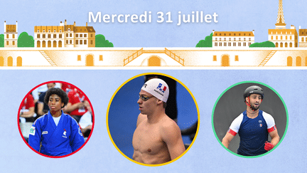 Marie-Eve Gahié, Léon Marchand et Anthony Jeanjean seront les têtes d'affiche françaises de la cinquième journée des Jeux olympiques de Paris 2024, mercredi 31 juillet. (AFP)