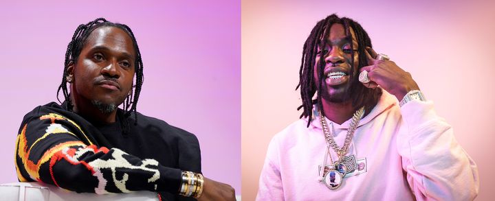 Avec l'Américain Pusha T, 46 ans, (à gauche) et le Français Gazo, 28 ans, deux générations de rappeurs se croisent au festival We Love Green 2023. (LEIGH VOGEL - GETTY ENTERTAINMENT / FRED DUGIT - PQR - MAXPPP)