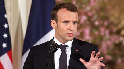 Emmanuel Macron, président de la République à la conférence de presse à la Maison Blanche, à Washington (Etats-Unis), le 24 avril 2018. (LUDOVIC MARIN / AFP)