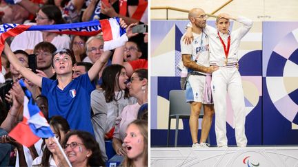 Un jeune supporter français lors des Jeux paralympiques de Paris 2024, et la Française Marie Patouillet, sur le podium de la poursuite C5. (AFP)