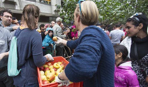 Des volontaires distribuent des fruits à des réfugiés devant l'Office pour la santé et les affaires sociales à Berlin le 3 septembre 2015 (Reuters - Hannibal Hanschke)