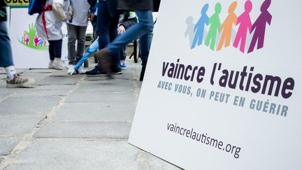 Un panneau pour l'association Vaincre l'autisme, à l'occasion d'une journée mondiale de sensibilisation à cette maladie, le 31 mars 2018 à Paris. (AURELIEN MORISSARD / MAXPPP)