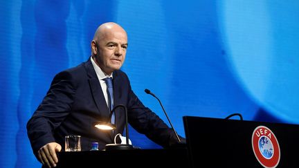 Le président de la FIFA, Gianni Infantino, lors du congrès annuel de l'UEFA, le 20 avril 2021. (RICHARD JUILLIART / UEFA)