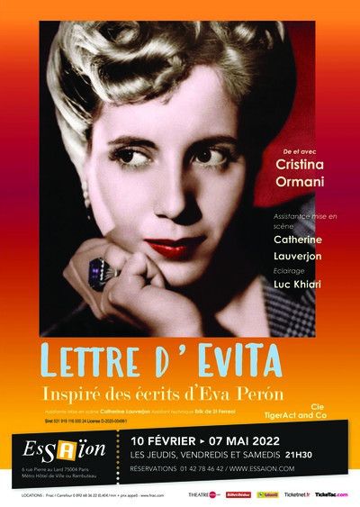 L'affiche de&nbsp;&nbsp;"La Lettre d'Evita" de&nbsp;Cristina Ormani,&nbsp;au Théâtre de l'Essaïon, Paris (2022). (THEATRE DE L'ESSAÎON)