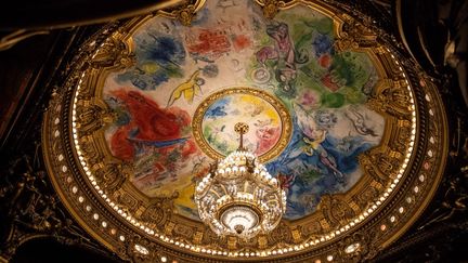 Le plafond de l'Opéra Garnier à Paris, peint par Marc Chagall, avec son célèbre lustre. (XOSE BOUZAS / HANS LUCAS)