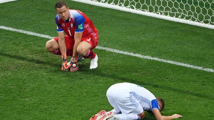 Le gardien&nbsp;Hannes Halldorsson face à la Croatie, le 26 juin 2018 à Rostov (Russie). (KHALED DESOUKI / AFP)