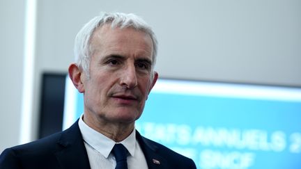 Le PDG de SNCF Mobilités, Guillaume Pepy, lors d'une conférence de presse pour présenter les résultats financiers du groupe, le 27 février 2018 à Saint-Denis (Seine-Saint-Denis). (ERIC PIERMONT / AFP)