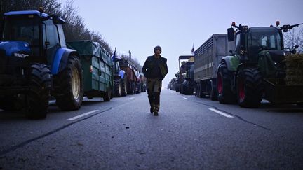 Un agriculteur passe devant des tracteurs qui bloquent l'autoroute A16, au sud de Beauvais en direction de Paris, le 25 janvier 2024. Photo d'illustration. (JULIEN DE ROSA / AFP)