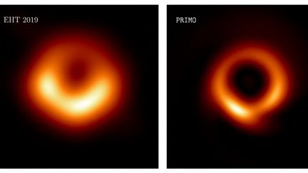 Image du massif super trou noir M87, tel qu'il fut photographié en 2019 par le EHT, l'Event Horizon Télescope à gauche, et la nouvelle génération d'image utilisant l'algorithme PRIMO, à droite le 13 avril 2023. (HANDOUT / LIA MEDEIROS, INSTITUTE FOR ADVA / AFP)