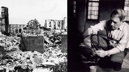 A gauche, les ruines de la ville basque de Gernika après le bombardement de 1937 - A droite, photo de Dora Maar : Picasso accroupi travaillant à Guernica, Paris, 1937, Musée national Picasso-Paris
 (A gauche © photo AP / SIPA - A droite © RMN-­‐Grand Palais / Franck Raux ©Sucession Picasso 2018)