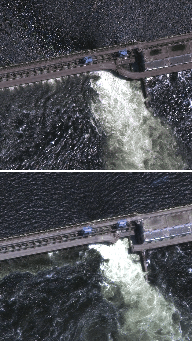 Des images du barrage de Kakhovka prises par l'entreprise Maxar, les 28 mai et 5 juin 2023. Certains observateurs font remarquer qu'un bout de chaussée est manquant dans la seconde image. Mais cela n'engage pas de dommages structurels. (MAXAR TECHNOLOGIES / AFP)