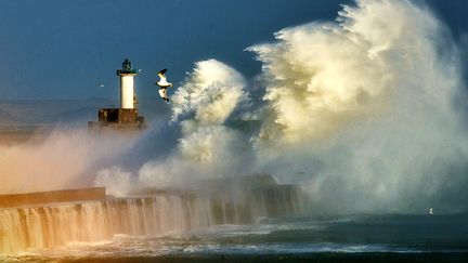 Une vague s'&eacute;crase sur une digue, dans le port de Boulogne-sur-Mer (Pas-de-Calais), le 28 octobre 2013. (PHILIPPE HUGUEN / AFP)