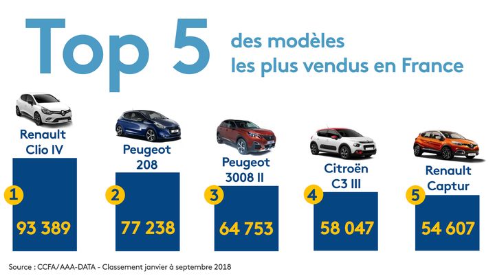 Top 5 des modèles les plus vendus en France entre janvier et septembre 2018. (RADIO FRANCE / STEPHANIE BERLU)