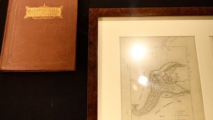 La carte de "L'Île mystérieuse", dessinée de la main de Jules Verne, parmi d'autres pièces de collection exposées à Drouot, à Paris, le 28 février 2017
 (Martin Bureau / AFP)