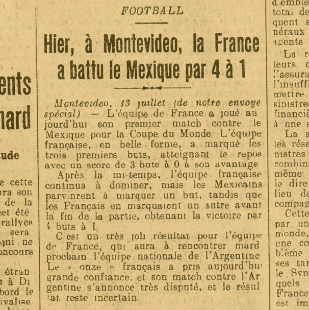 Un article annonce la victoire de l'équipe de France contre le Mexique, dans le journal "L'Auto" du 14 juillet 1930. (L'AUTO / GALLICA)