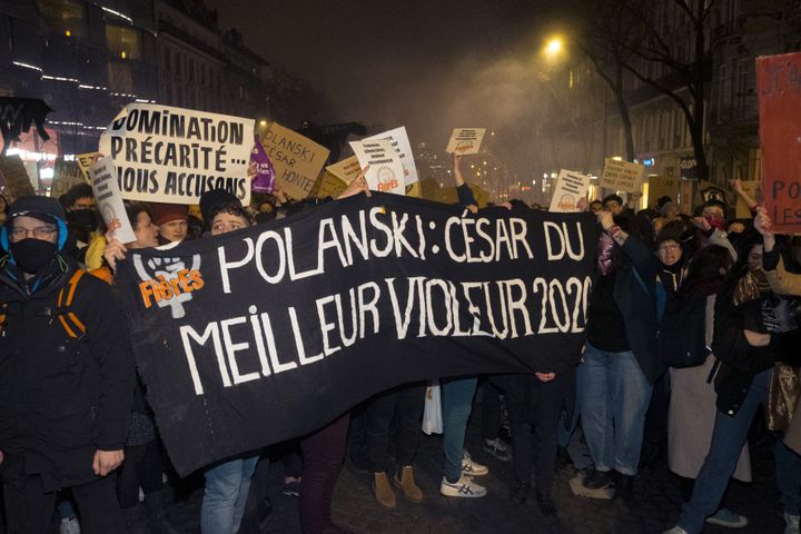 Manifestation devant la cérémonie des César, février 2020. (NICOLAS PORTNOI / HANS LUCAS)