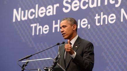 Le pr&eacute;sident am&eacute;ricain Barack Obama lors d'une allocution &agrave; La Haye (Pays-Bas), mardi 25 mars 2014.&nbsp; (PATRIK STOLLARZ / AFP)