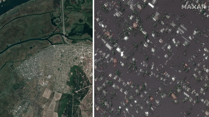 A gauche, la localisation d'Olechky, proche d'une zone de marais et du fleuve (avant les inondations). A droite, zoom sur une partie de la ville occupée, le 7 juin 2023, après la destruction du barrage de Kakhovka. (GOOGLE MAPS / MAXAR TECHNOLOGIES)