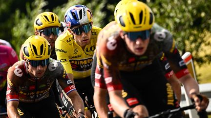 Primoz Roglic (à gauche) et Wout van Aert (au centre, en jaune), lors de la troisième étape du Tour de France, le 3 juillet 2022. (MARCO BERTORELLO / AFP)