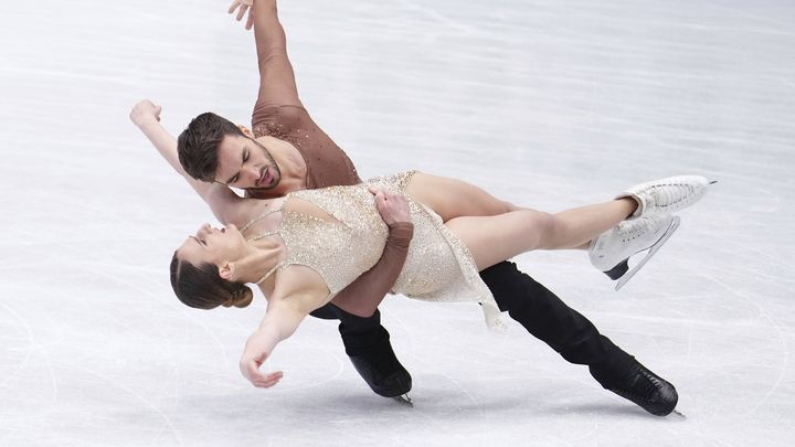 Le couple de danseurs sur glace Papadakis-Cizeron, lors de leur programme libre des Championnats du monde de patinage artistique, à Montpellier, le 26 mars 2022. (KAZUKI WAKASUGI / SIPA)