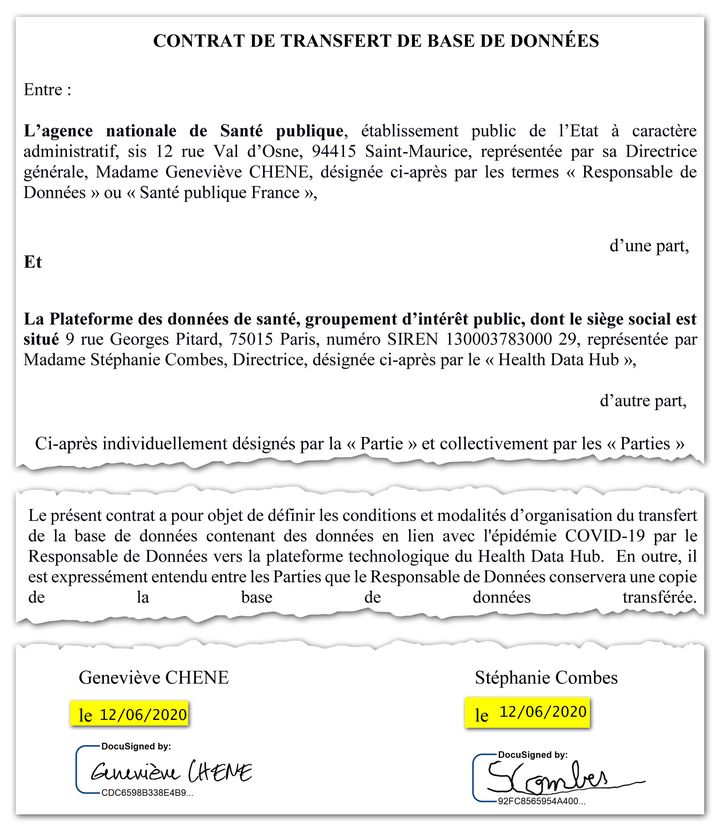 Extrait du contrat de transfert de base de données entre Santé publique France et la Plateforme des données de santé, daté du 12 juin 2020.&nbsp; (CELLULE INVESTIGATION DE RADIOFRANCE)