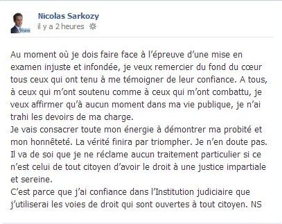 Capture d'&eacute;cran de la page Facebook de Nicolas Sarkozy ( FRANCETV INFO)