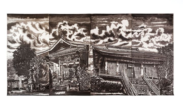 Temple Takasaki, 2015, encre de Chine, encres de couleur et pinceau sur papier de bambou coréen (Thomas Henriot)