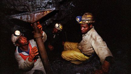 Des mineurs sud-africains, pr&egrave;s de Carletonville, au sud-ouest de Johannesburg, le 27 octobre 2004. (THEMBA HADEBE / AP / SIPA)