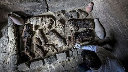 Trois de ces tombes remontent à l'époque du Nouvel Empire (seconde moitié du second millénaire avant notre ère, 2500-2000 av J.-C.) et ont été utilisées comme nécropoles pour chats. Des dizaines de chats momifiés ont également été dégagés ainsi que cent statues de chats en bois doré et une statue de bronze, dédiées à la déesse-chat Bastet. (KHALED DESOUKI / AFP)