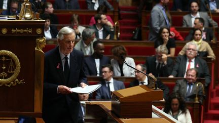 The Prime Minister, Michel Barnier, at the podium of the National Assembly to deliver his general policy declaration, October 1, 2024. (ALAIN JOCARD / AFP)