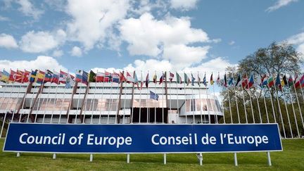 Une vue de drapeaux européens flottant devant le bâtiment du Conseil de l'Europe à Strasbourg, le 8 avril 2014. ( AFP PHOTO / FREDERICK FLORIN)