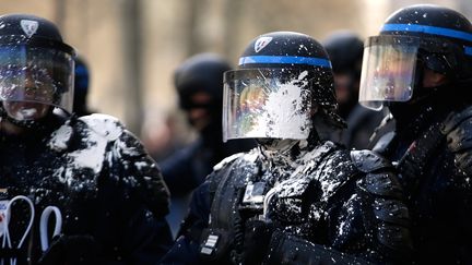 Les policiers recouverts de peinture pendant une manifestation d'étudiants contre la loi Travail, le 5 avril 2016 à Paris.&nbsp; (KENZO TRIBOUILLARD / AFP)