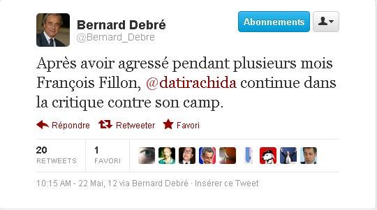 Tweet de Bernard Debré, le 22 mai 2012. (FTV)