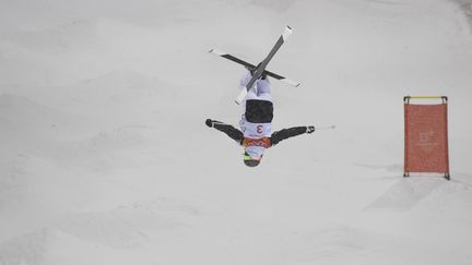 Perrine Laffont&nbsp;la tête en bas, puis l'or autour du couu&nbsp;! La skieuse française de 19 ans a offert le premier titre olympique au clan tricolore au ski de bosses lundi 12 février à Pyeongchang (Corée du Sud). (ANGELIKA WARMUTH / DPA)