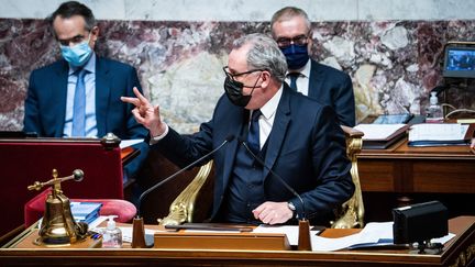 Le président de l'Assemblée nationale, Richard Ferrand, lors d'une séance de questions au gouvernement, le 14 décembre 2021. (XOSE BOUZAS / HANS LUCAS via AFP)