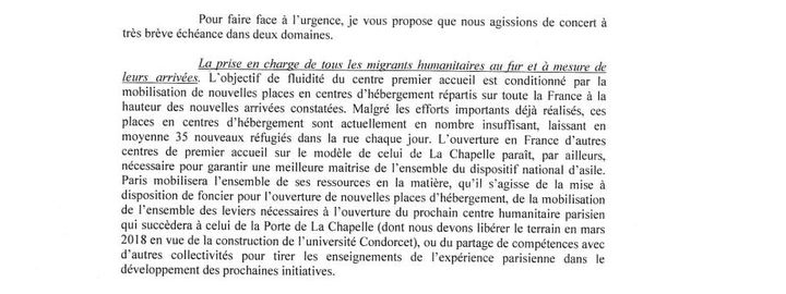 Extrait du courrier adressé par la maire de Paris Anne Hidalgo au ministre de l'Intérieur Gérard Collomb, le 16 juin 2017. (ANNE HIDALGO)