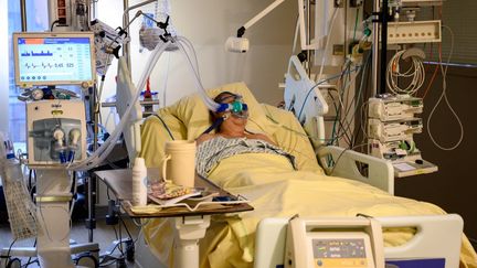 Un patient atteint du Covid-19 en réanimation à l'hôpital Avicenne, à Bobigny (Seine-Saint-Denis), le 8 février 2021. (BERTRAND GUAY / AFP)