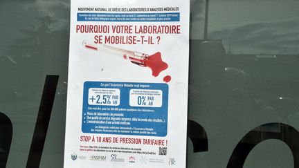 Une affiche sur la porte d'un laboratoire d'analyses médicales en grève, le 27 septembre 2019. (MAXPPP)