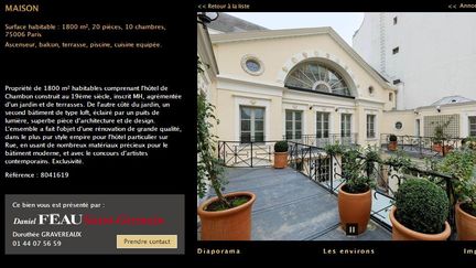 Capture d'&eacute;cran de l'annonce de mise en vente de l'h&ocirc;tel de Chambon, propri&eacute;t&eacute; de G&eacute;rard Depardieu, le 13 d&eacute;cembre 2012. (FEAU IMMOBILIER / FRANCETV INFO)