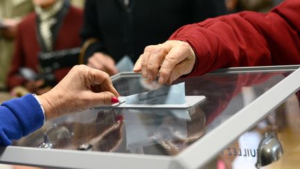 Selon un sondage Ipsos/Steria publi&eacute; dimanche 30 mars 2014,&nbsp;24% des Fran&ccedil;ais voteraient UMP, 22% FN et 19% PS aux prochaines &eacute;lections euro&eacute;pennes du 25 mai. (REMY GABALDA / AFP)