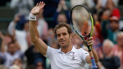 Richard Gasquet apr&egrave;s sa victoire contre Stanislas Wawrinka, lors du quart de finale de Wimbledon, le 8 juillet 2015 &agrave; Londres. (ADRIAN DENNIS / AFP)