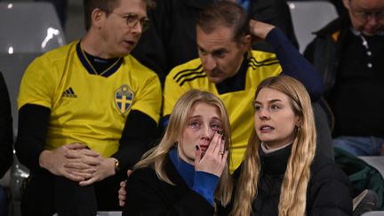 Des supporters suédois assistant au match Belgique-Suède, pendant l'attentat qui a fait deux morts à Bruxelles, le 16 octobre 2023. (JOHN THYS / AFP)