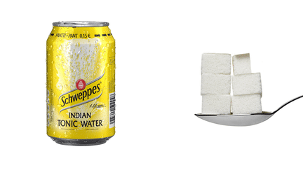 Une canette de 33 cl de Schweppes Indian Tonic contient 28,7 g de sucre, soit 5,7 morceaux. ( DR )