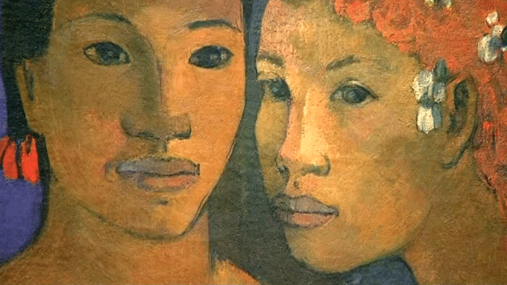 Un détail des "Contes Barbares", une huile sur toile réalisée par Gauguin en 1902 aux îles Marquises. Le tableau est exposé au musée Folkwang à Essen en Allemagne
 (France 3 Culturebox)