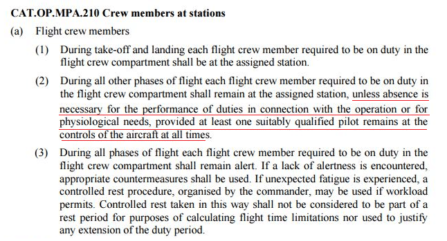 Capture d'&eacute;cran de la r&egrave;glementation de l'Agence europ&eacute;enne de s&eacute;curit&eacute; a&eacute;rienne concernant l'absence des pilotes du cockpit. (EASA)