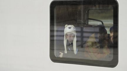 Un passager du train &eacute;lectrique reliant Sotchi aux pistes de ski porte un bonnet &agrave; l'effigie d'une des trois mascottes des JO, l'ours polaire Michka, le 17 f&eacute;vrier 2014. (ALEXEY MAISHEV / RIA NOVOSTI)