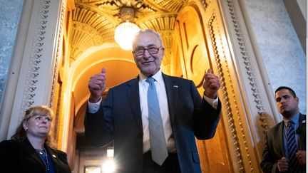 Chuck Schumer, leader de la majorité démocrate au Sénat, à Washington, dimanche 7 août 2022.&nbsp; (Drew Angerer / GETTY IMAGES NORTH AMERICA / Getty Images via AFP)