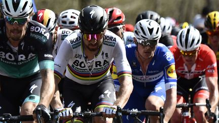 Le cycliste Peter Sagan (deuxième en partant de la gauche), le 8 avril 2018 à Wallers (Nord). (JEFF PACHOUD / AFP)