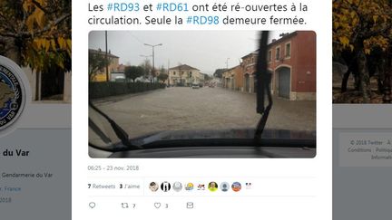 Une photo d'inondations à Saint-Tropez (Var) diffusée par la gendarmerie sur Twitter, vendredi 23 novembre 2018. (GENDARMERIE DU VAR / TWITTER)