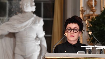 L'écrivaine Olga Tokarczuk dans son allocution devant l'Académie Nobel le 7 décembre 2019. &nbsp; (JONAS EKSTROMER/AP/SIPA / SIPA)